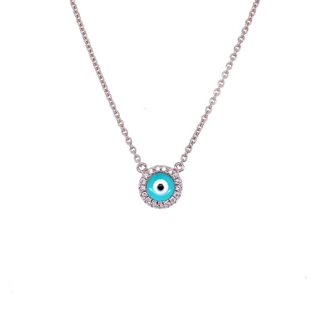 This exquisite 14k white gold diamond round evil eye pendant necklace is a stunning addition to any wardrobe! With 22 diamonds at 0.04cts, this 17" long necklace features a secure lobster clasp with a sizing loop at 16".