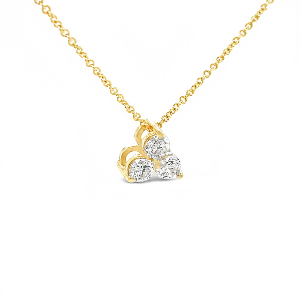 Three round diamonds.  0.75 cts  8.50 mm    14k yellow gold  16" long chain (1.3 mm)   Secure Friction Back 