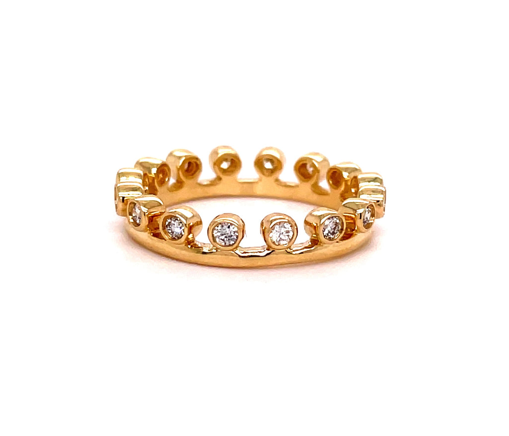 Bezel set diamonds 0.37 cts  Set in 14k yellow gold mounting.  Size 6  Diamond accent crown eternity style  Easy to stack