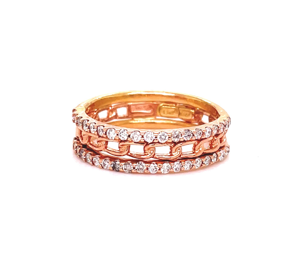 A dazzling trio of rings, this 14k rose gold stunner features two rows of diamond eternity bands - 0.33 cts - and one chain link band for a truly eye-catching look. Enjoy singular style and sparkle with this one-of-a-kind piece. Size 6.