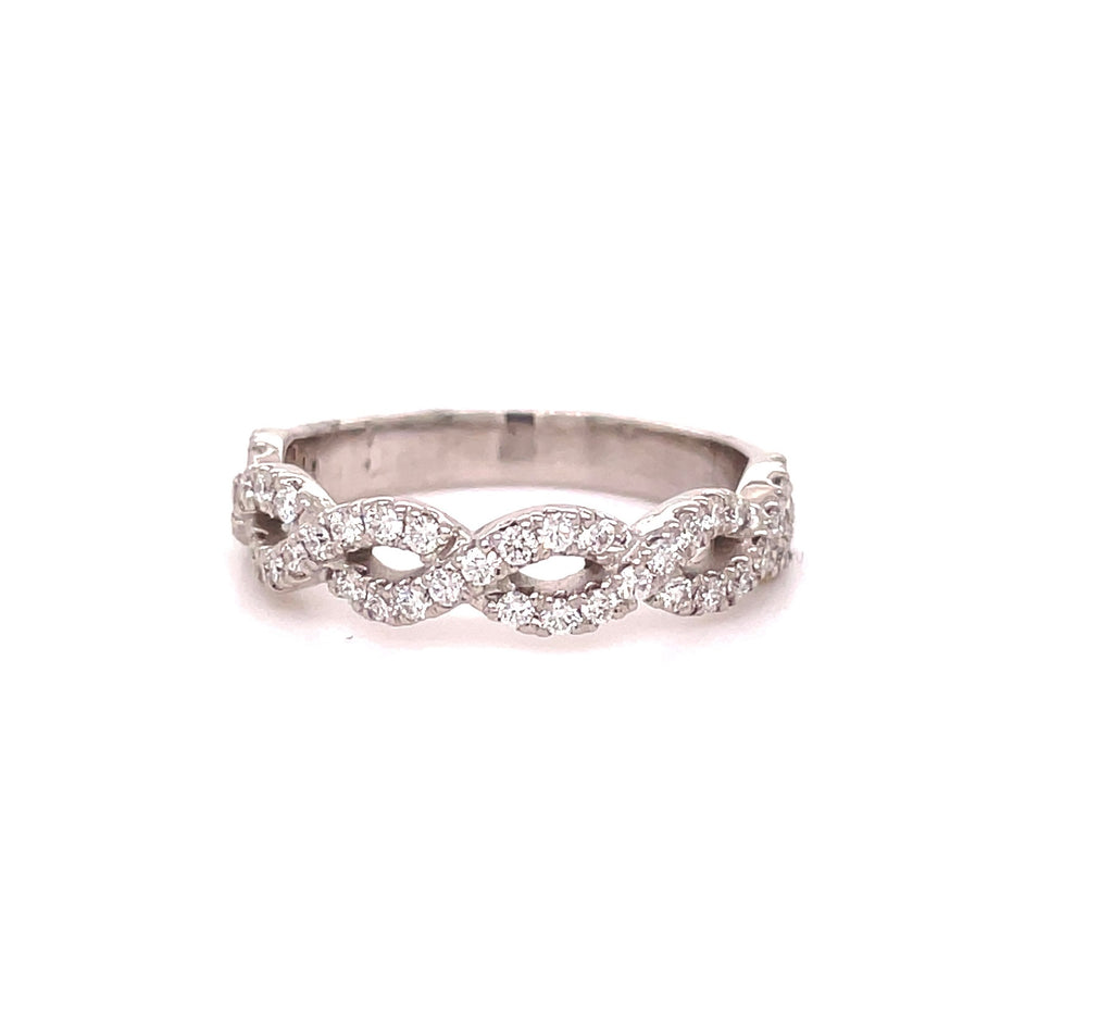 Diamonds 0.75 cts.  Set in 14k white gold mounting.  Size 6  Infinity style  Easy to stack