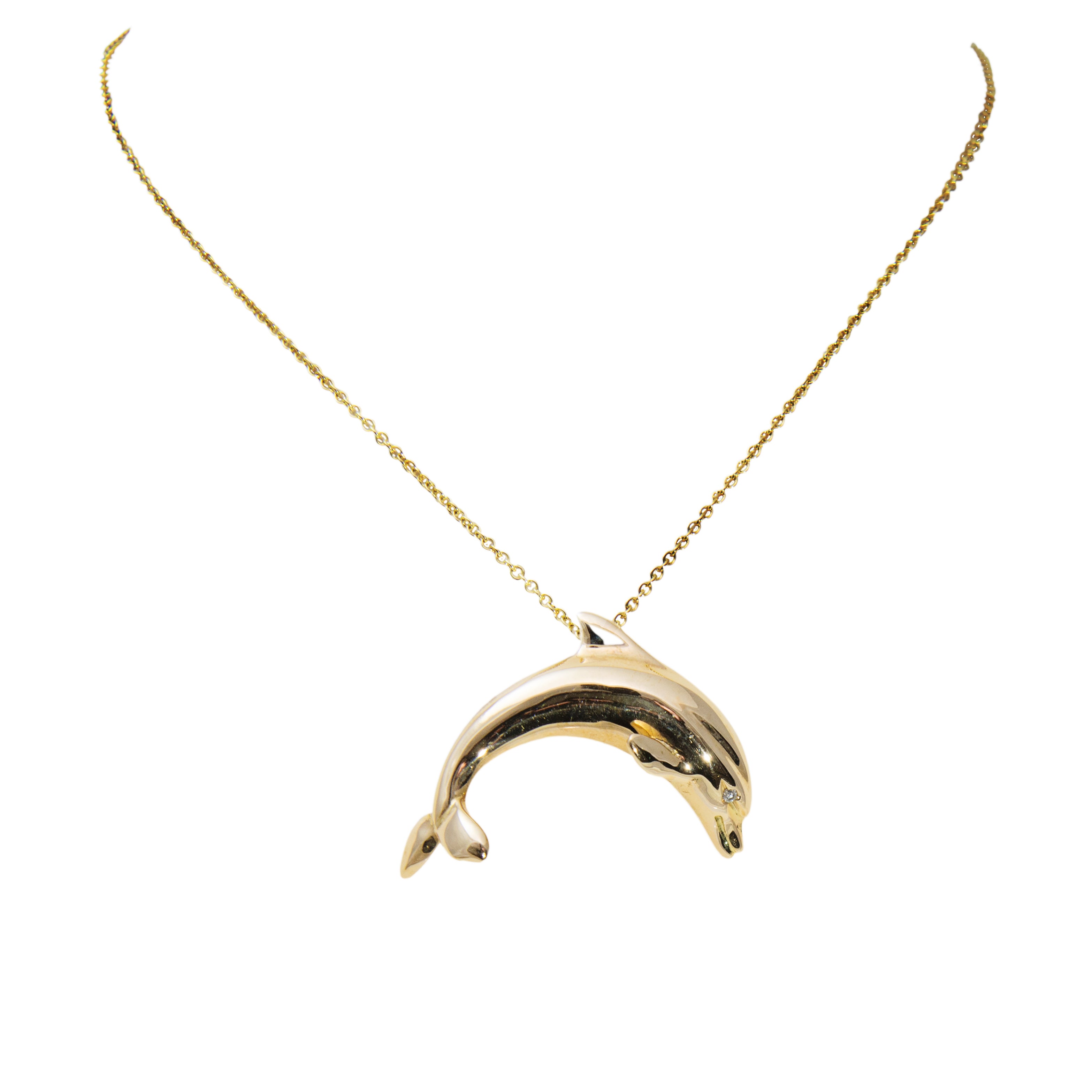 18k Italian yellow gold dolphin charm, 3D style, 13.2 grams, 1 1/2" long, secure lobster clasp, small eye diamond.  18" 14k yellow gold chain is optional $265.00 