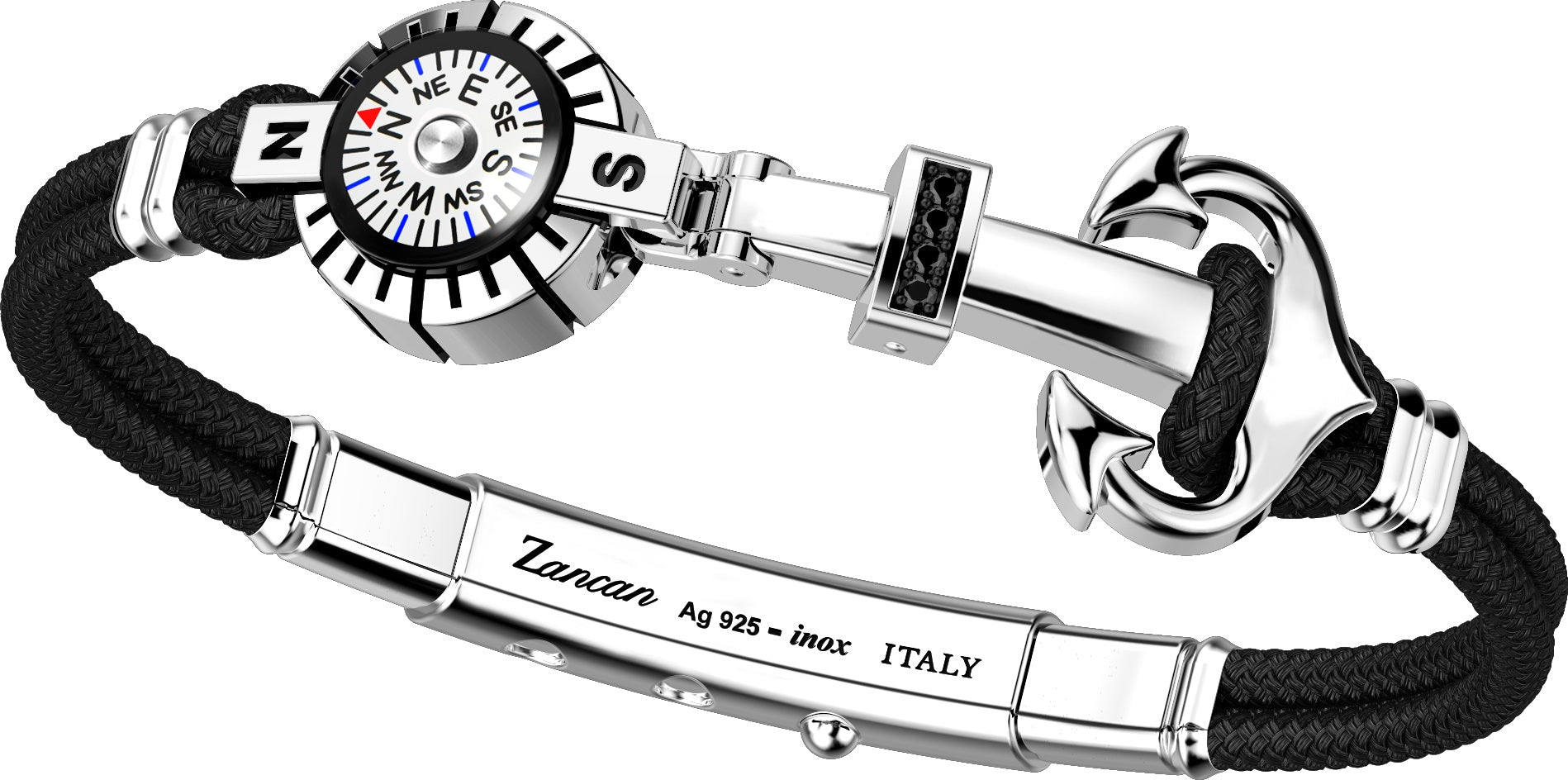 Zancan Anchor & Compass Black Bracelet Top view clasp fastened