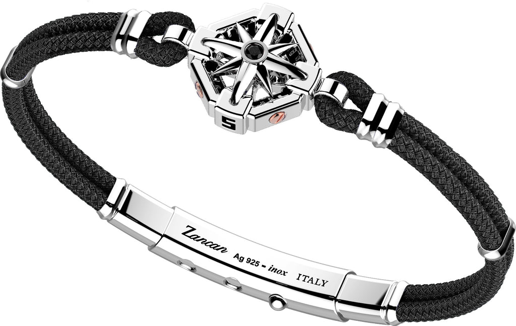 Italian made sterling silver bracelet  1" long sterling silver Compass Rose  Rhodium coated 8" long  Adjustable slide lock  Black color cord