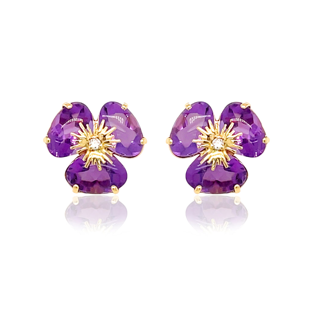 Pensée collection made in Brazil  Pensée earrings are inspired in Pansy flowers.  Amethyst  Two small diamonds   Set in 18k yellow gold  Secure & comfortable friction backs  12.50 mm 