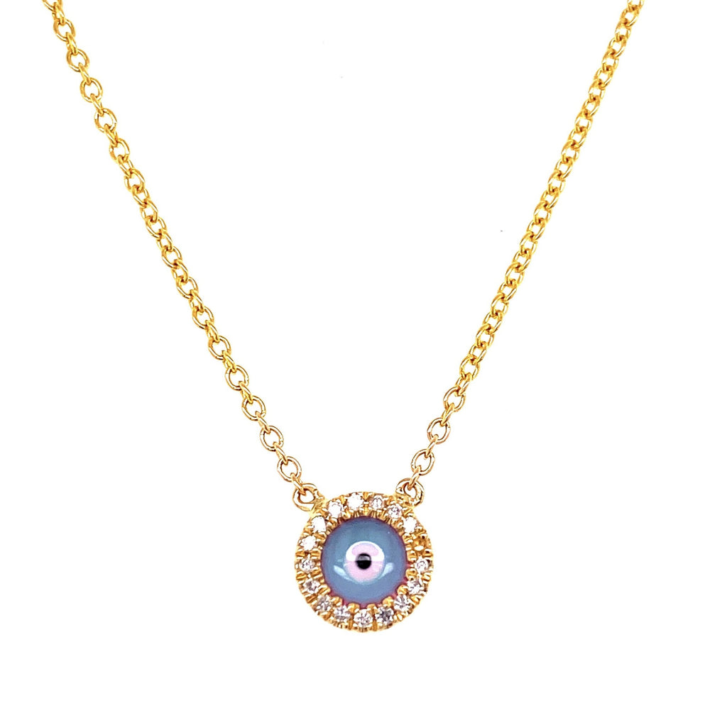  This captivating diamond evil eye necklace sparkles with 22 diamonds (0.04 carats)set in 14k yellow gold. The chain measures 17" in length, with a sizing loop at 16" for a secure fit and features a lobster clasp.  You can treasure this piece of jewelry for years to come.
