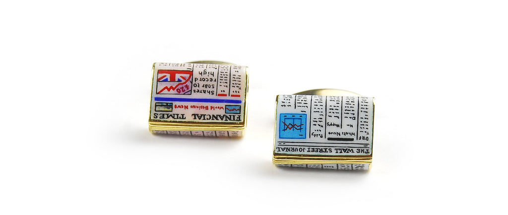 18k yellow gold cufflinks. 23.0 dwt. 14.40 x 19.40 mm. Sturdy, high polished finish. Enamel colors and printing from The Wall Street Journal & Financial Times.
