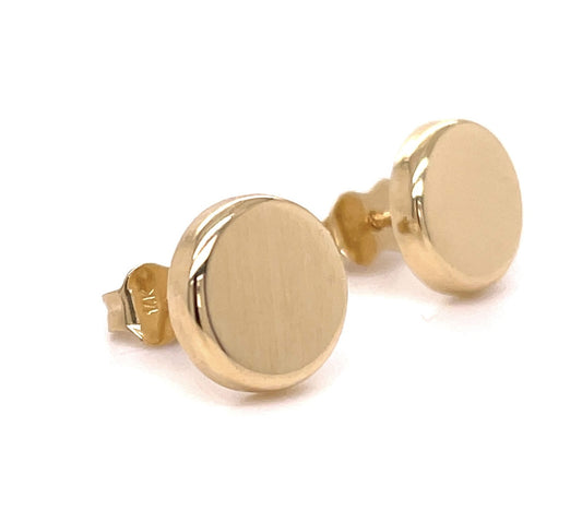 Side view of 14k Yellow Gold Italian Made Flat Round Stud Earrings