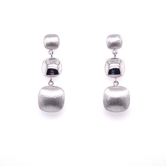 Front view of 14k White Gold Italian Made Three Square Brushed/Polished Finish Drop Earrings