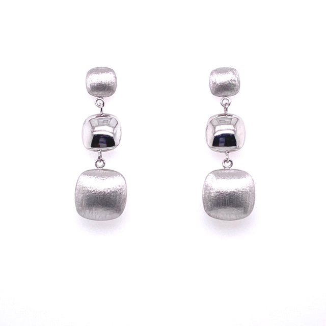 Two finishes; brushed and high polished  14k white gold   3 gold beads   31.00 mm long  Secure friction backs