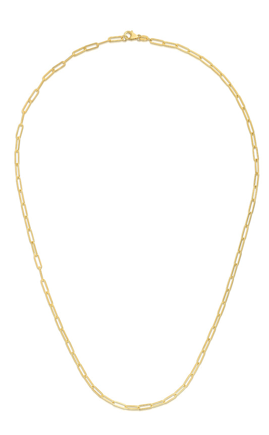 14K Yellow Gold Thin Paperclip Link Necklace 16" Top view clasp fastened 