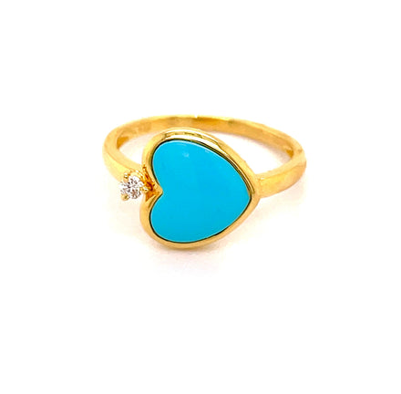14k yellow gold  Heart shape turquoise   Size 6.5  One small diamond 0.04 cts  12.00 mm.