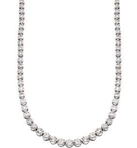 This dazzling necklace showcases 12.70 carats of round diamonds in graduated sizes. Graded F/G in clarity and VS2 in color, they are bezel set in platinum with a secure lobster catch. Intricately prong set, this exquisite necklace measures 16.5" in length.