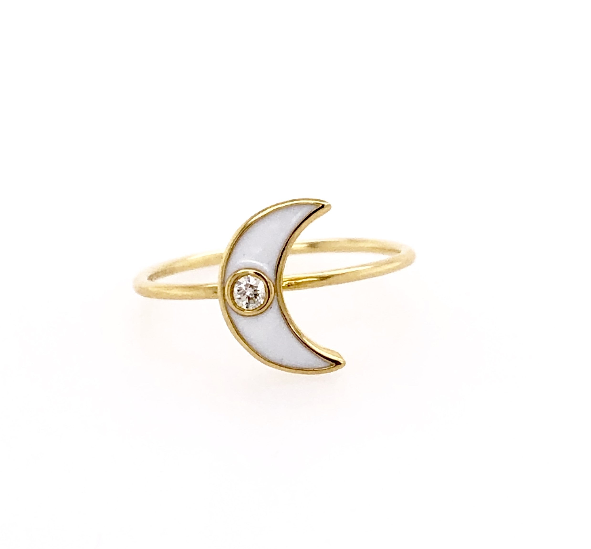 Luxurious 18K yellow gold ring, featuring a petite white diamond and a glimmering white enamel in a crescent moon shape. This dainty ring will be a perfect addition to any collection. Size 6 (resizable).