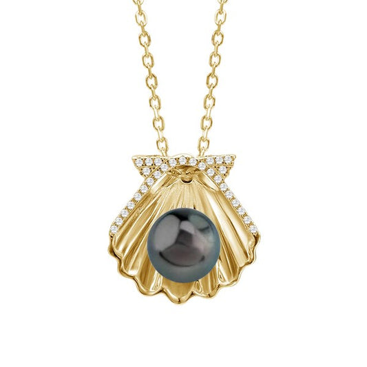 Front view of 14k Yellow Gold Tahitian Pearl & Diamond Sunrise Shell Pendant Necklace