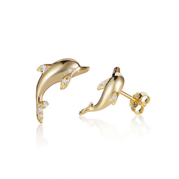 Glimmering 14k yellow gold dolphin earrings feature dazzling round diamonds. Rest assured with secure friction backs. 14.00 mm.