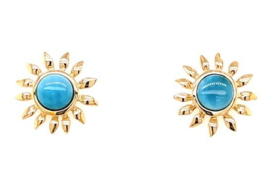 Front view of 14k Yellow Gold Larimar Sunflower Earrings