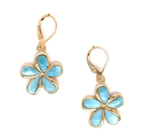 Front view of 14k Yellow Gold Larimar Plumeria Drop Earrings