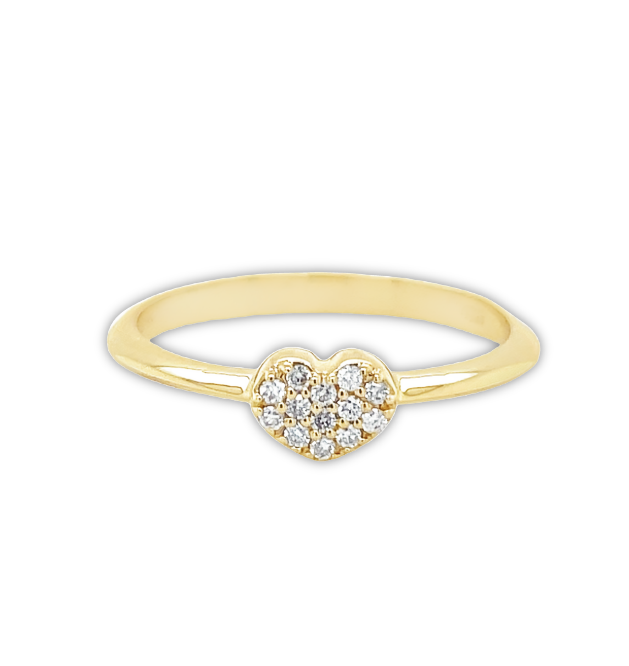 Lustrous 14k yellow gold sets off dazzling .06 cts round diamonds, artfully arranged in a romantic heart shape. Charming and stylish. Size 6.5 (resizeable).