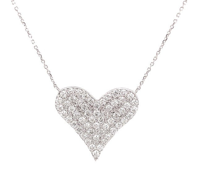 Diamond heart necklace  1.10 cts round diamonds  14K white gold  16" long with 2" extension   20.00 mm long   High quality diamonds 