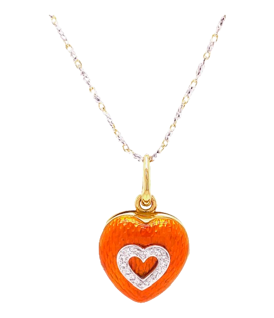 One of a kind locket  18k Italian yellow gold  Hand painted orange enamel heart  27.00 mm long  Diamond shape heart with round diamonds   Photo locket  Secure bail  14k two tone Italian gold chain 16" with secure lobster catch ($350.00 optional)