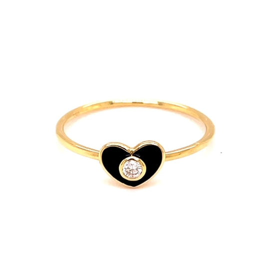Front view of 18k Diamond Heart Black Enamel Ring