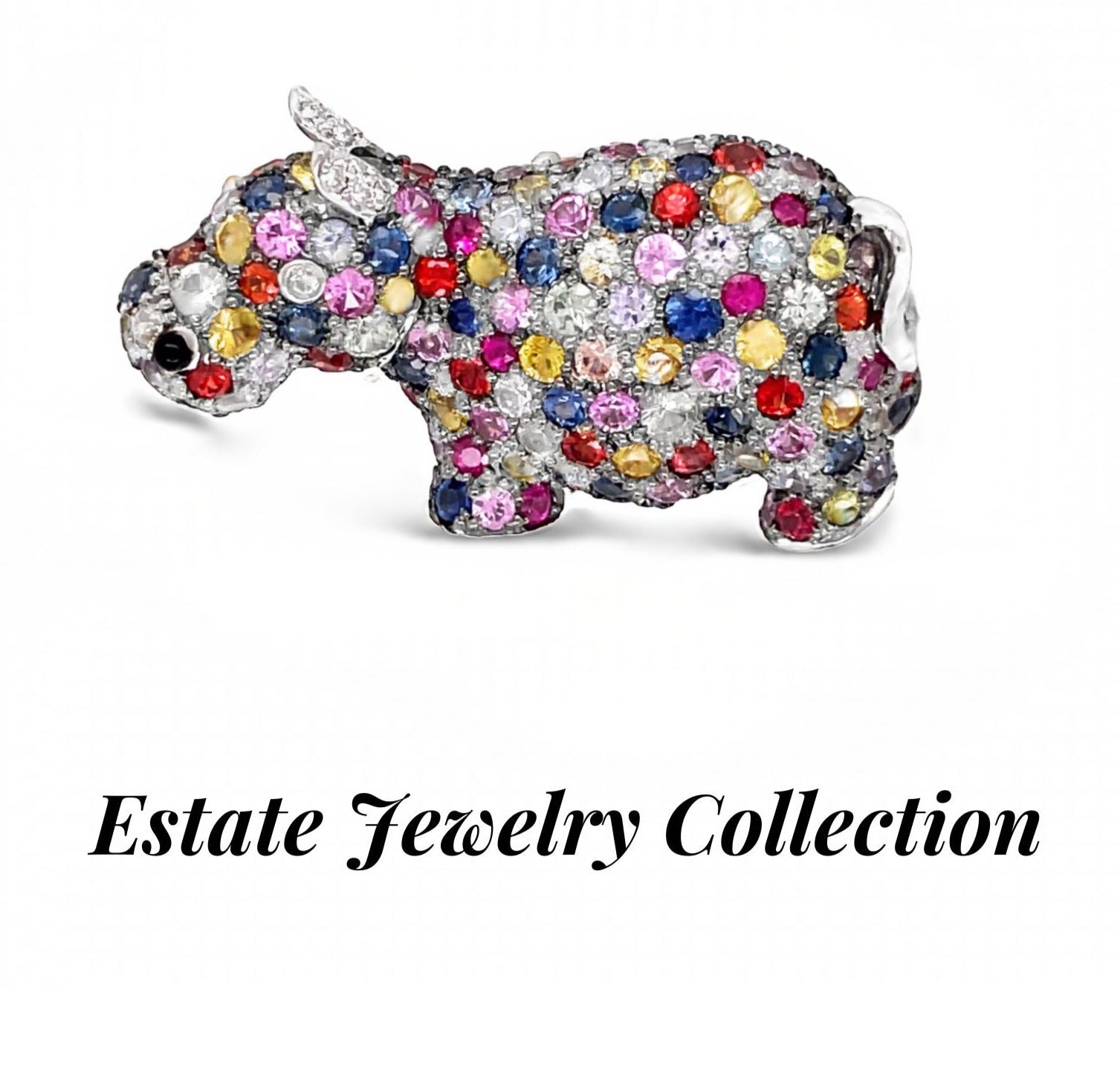 Multicolor Sapphire Hippo Brooch Front view 