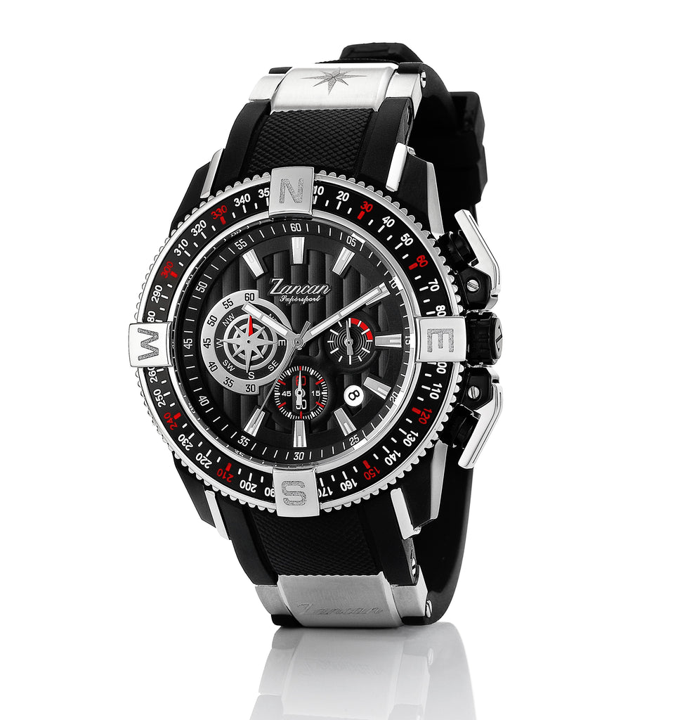 Italian made   Miyota movement   Stainless steel case with cardinal points  Three sub dial feature  Black silicone strap  45 mm 