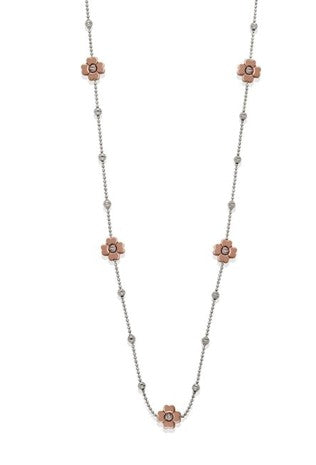 High precision diamond cut silver beads  white rhodium coated  Seven 18k rose gold-plated flowers  34" long  1" of sizing loops  Italian collection from Officina Bernardi  Secure lobster clasp
