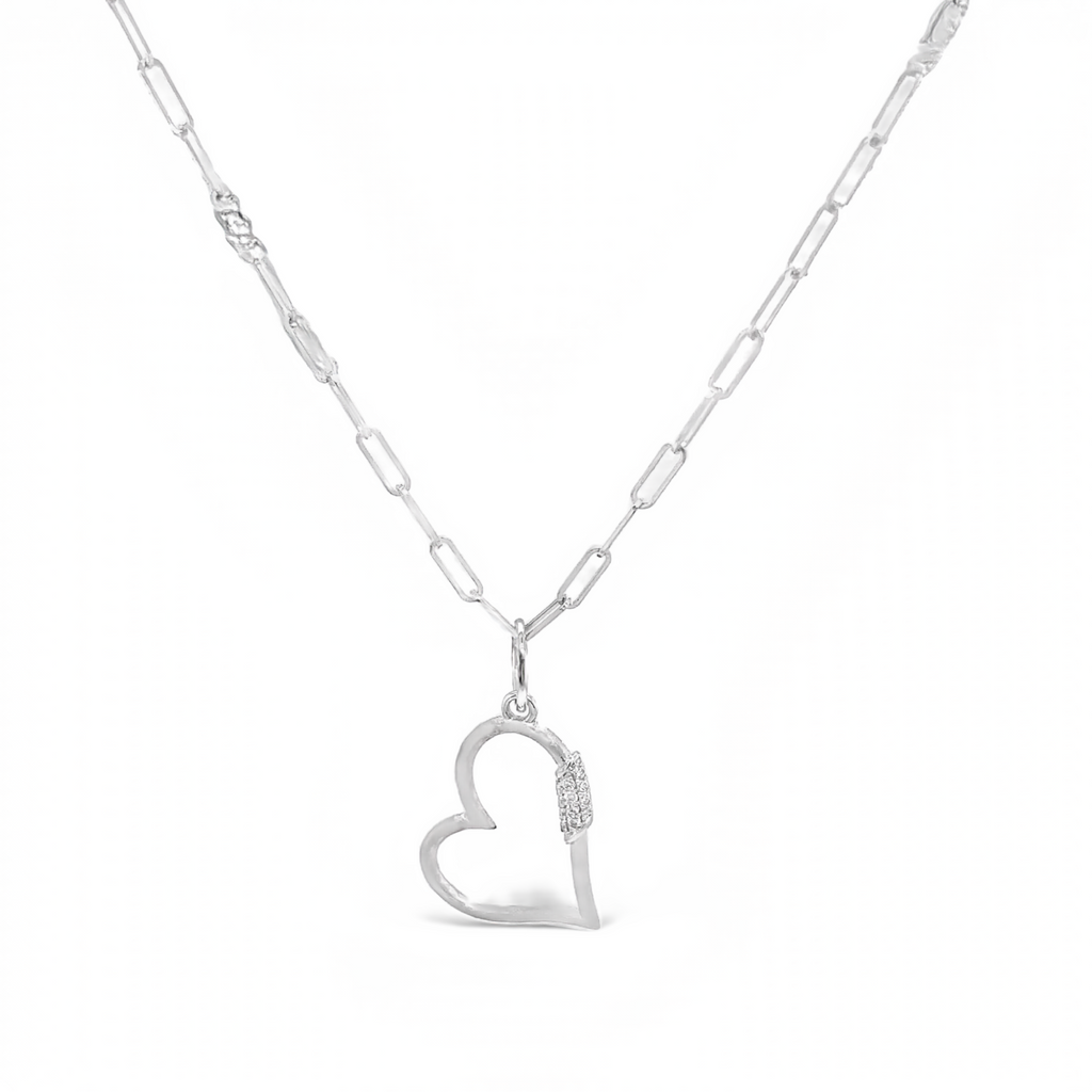 14k white gold.  Paperclip link  Italian made  Secure lobster catch.  16" long  2.00 mm thickness   22.00 mm long gold heart  0.07 cts diamond.