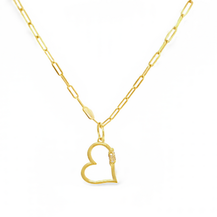 This 14k yellow gold necklace showcases a classic paperclip link design and a secure lobster catch. Its 16" long chain is 2.00 mm thick and features a 22.00 mm long gold heart with a 0.07 cts diamond, creating a timeless, elegant look.