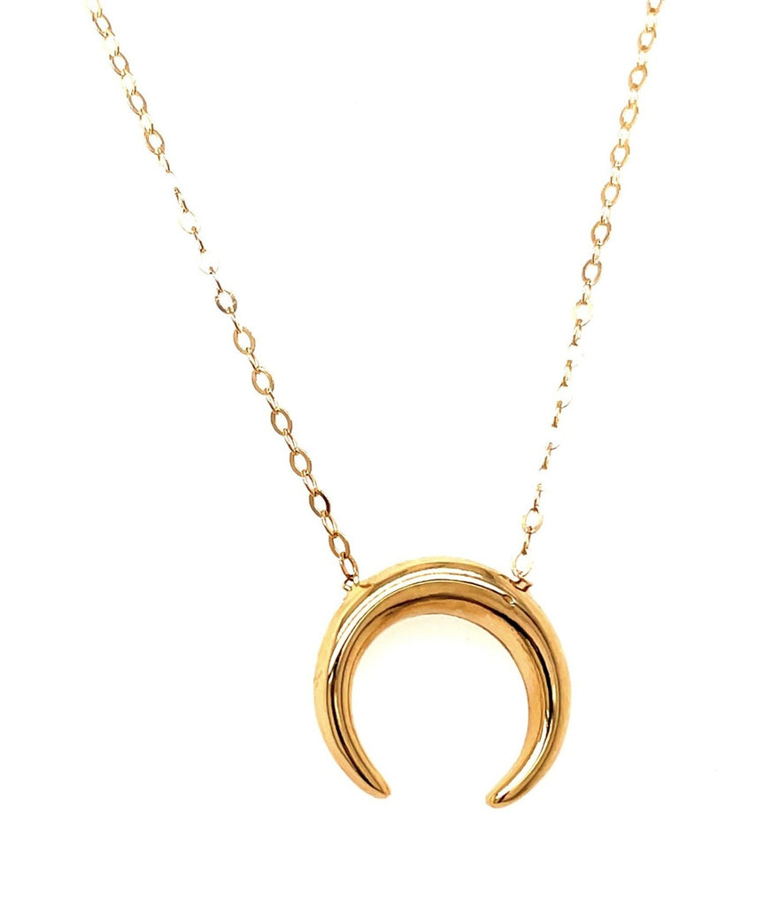14k yellow gold.  Italian made  1.1 mm cable gold chain  16" long with sizing loop at 15"  Secure lobster catch  14.00mm horn charm/crescent moon 