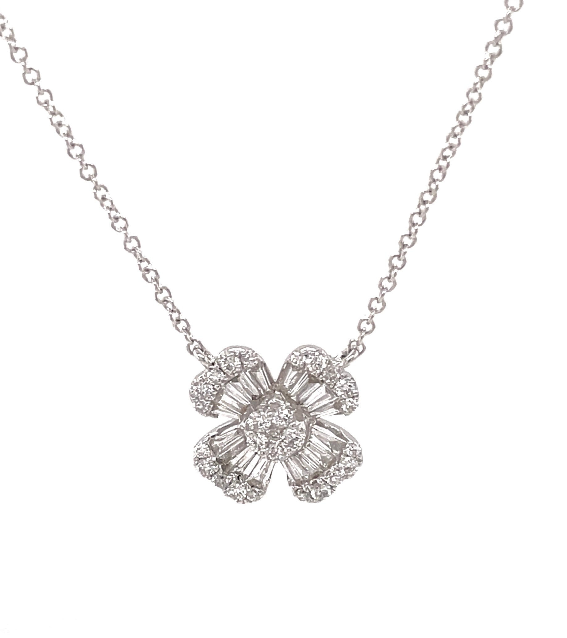 Baguette & Round Diamond Flower Motif Pendant Necklace Front view 