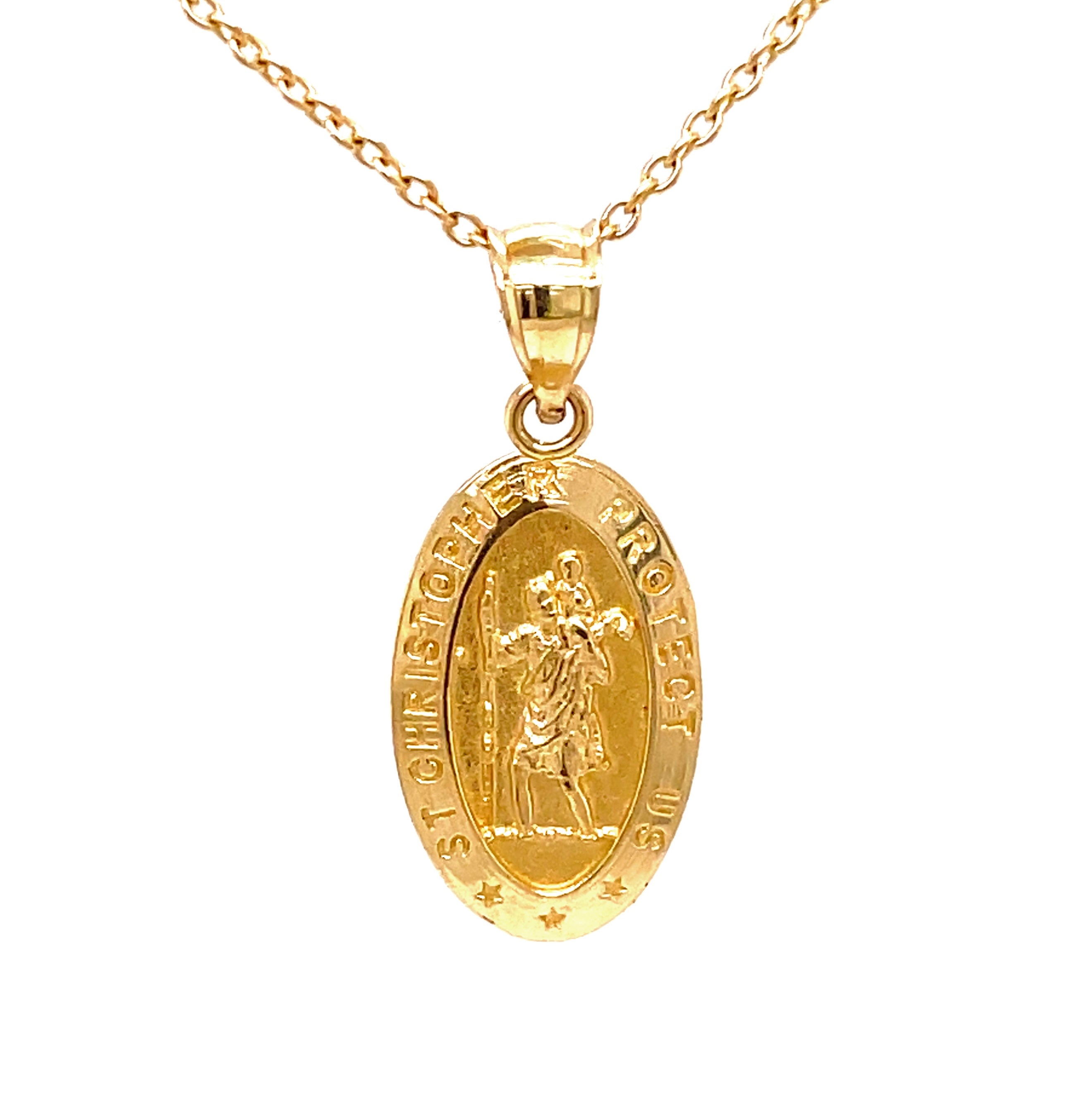 This gold Saint Christopher medal is crafted from 14k Italian yellow gold, with a secure bail and gallery finish at the back for lasting quality and style. A classic 18" Italian chain is optional for $199.