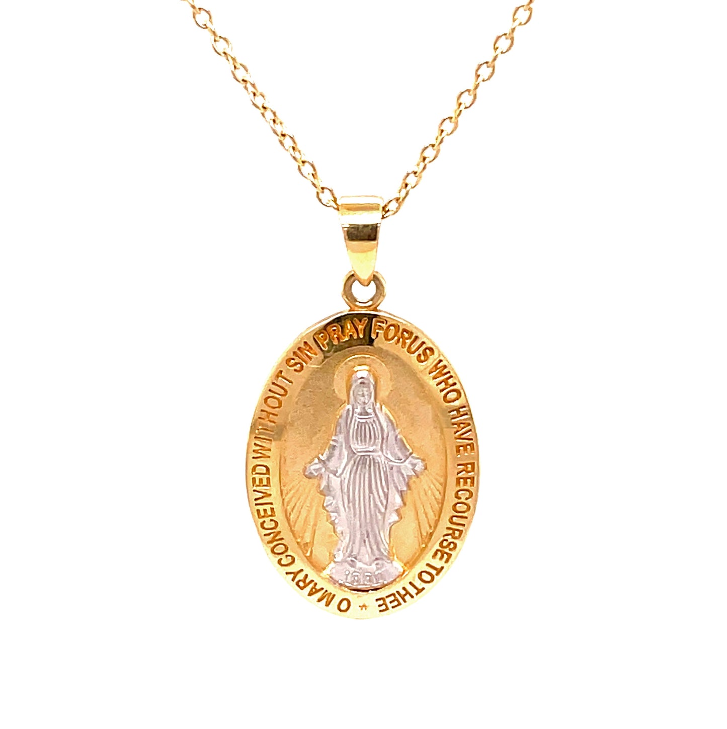 Front view of 14k Italian Two Tone Gold Miraculous Medal Necklace 30 X 15.00  MM