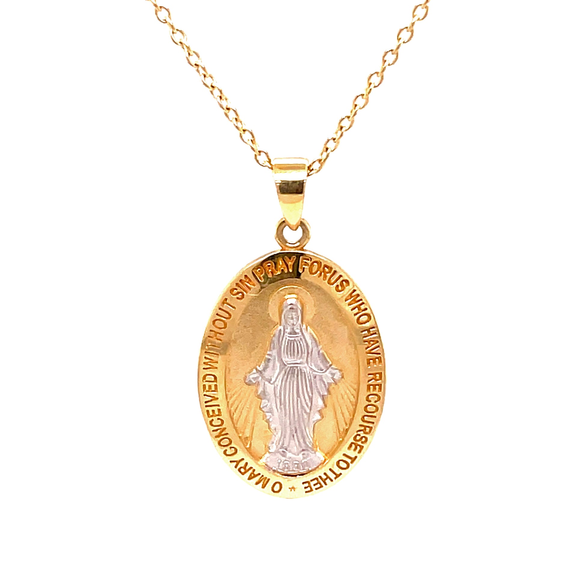 Front view of 14k Italian Two Tone Gold Miraculous Medal Necklace 30 X 15.00  MM