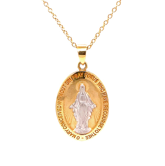 Front view of 14k Italian Two Tone Gold Miraculous Medal Necklace 30 X 15.00  MM