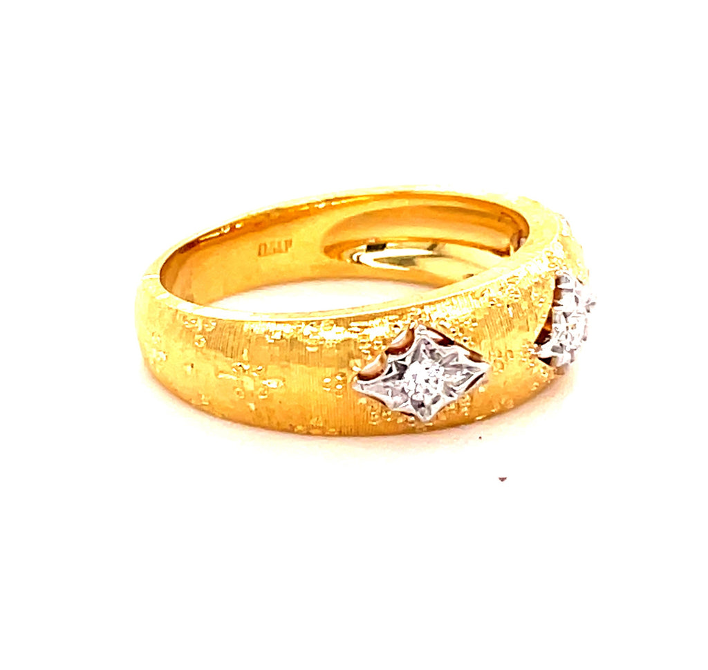 18k yellow gold.  Italian made.  Engraved  7.00 mm wide.  Size 6.5  Three round diamonds 0.11 cts   Brushed finished.