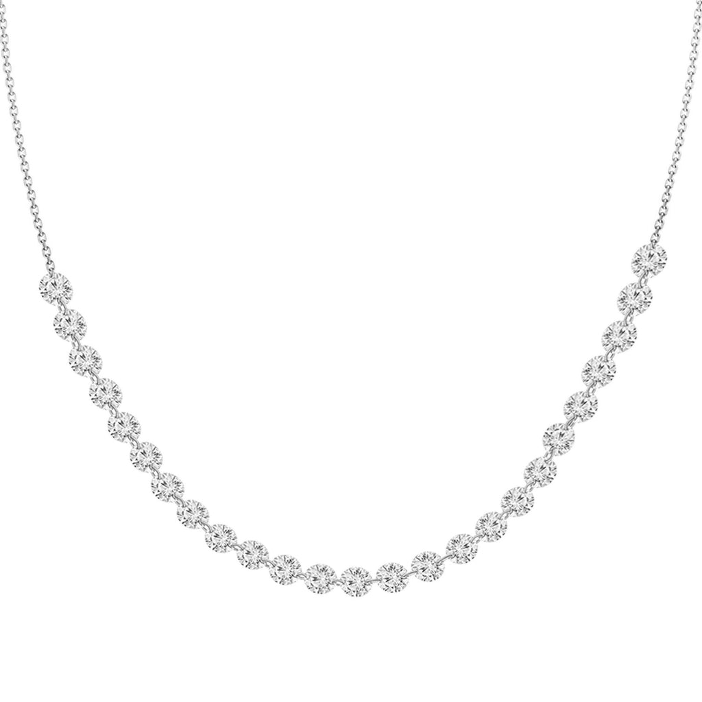 Stunning dangling diamond necklace that is constantly moving and shining.   Lasered drilled round diamonds (25) 2.12 cts,  Secure clasp.  18" white gold chain with adjustable chain   It can easy be layered with your favorite necklaces  High quality diamonds  18k white gold