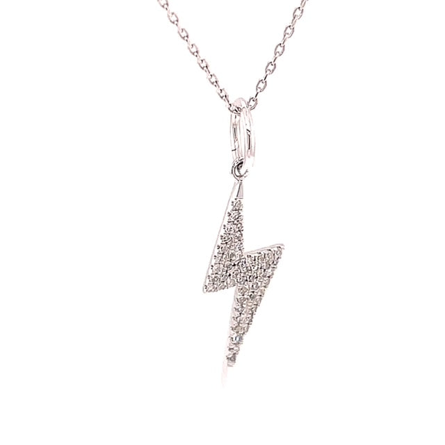 Show off your style with this stunning 14k white gold lightning bolt! Its 16" chain has a sizing loop, and 0.15 carat round diamonds of 13mm size sparkle delicately from the pendant.