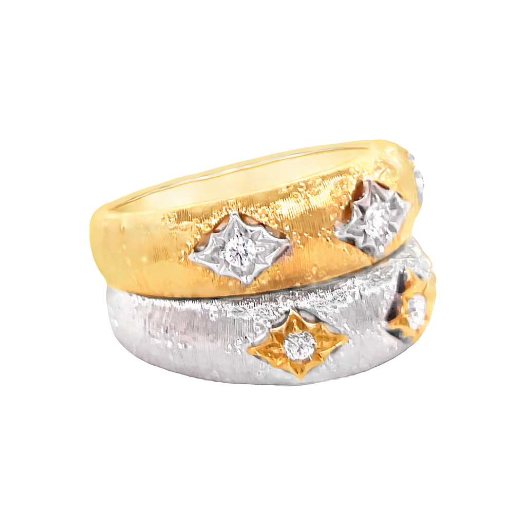 18k yellow gold.  Italian made.  Engraved  7.00 mm wide.  Size 6.5  Three round diamonds 0.11 cts   Brushed finished 