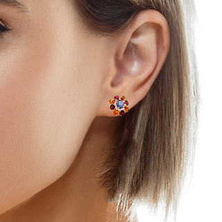 Try on view of 14k Yellow Gold Flower Motif Garnet, Citrine & Sapphire Diamond Cluster Earrings