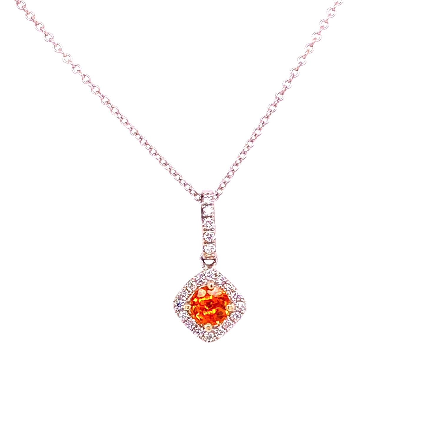 Try on view of 14k White Gold Orange Sapphire Diamond Pendant