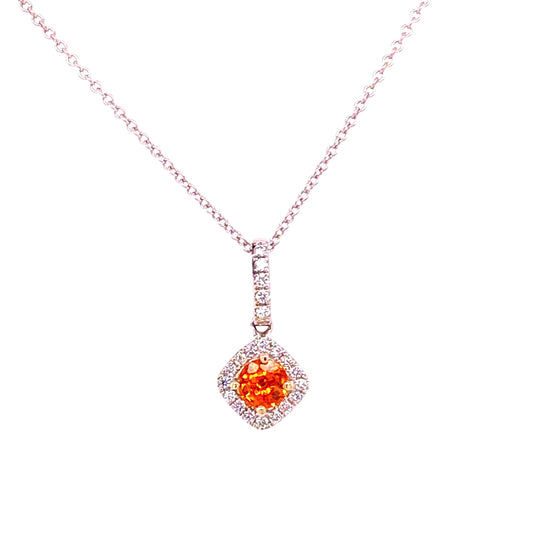 Try on view of 14k White Gold Orange Sapphire Diamond Pendant