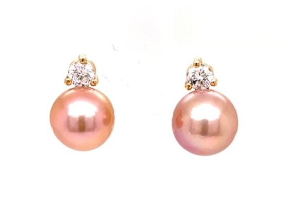 Two Cultured Pearls  9mm  Set in 14k Yellow Gold.  Secure friction Backs  Two round diamonds 0.40 cts  Good luster