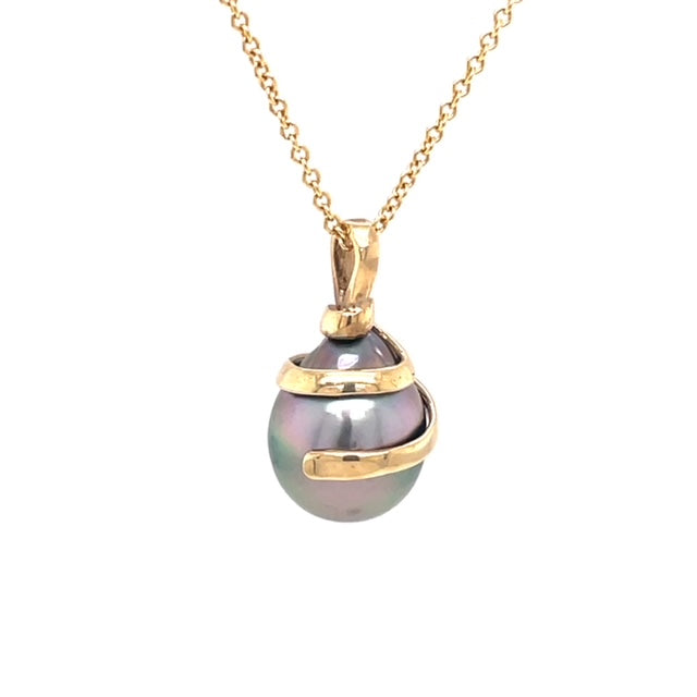 Single Tahitian cultured pearl  11.00 mm  Good luster  14k yellow gold spiral  Secure gold bail  18" yellow gold chain ($225 optional)