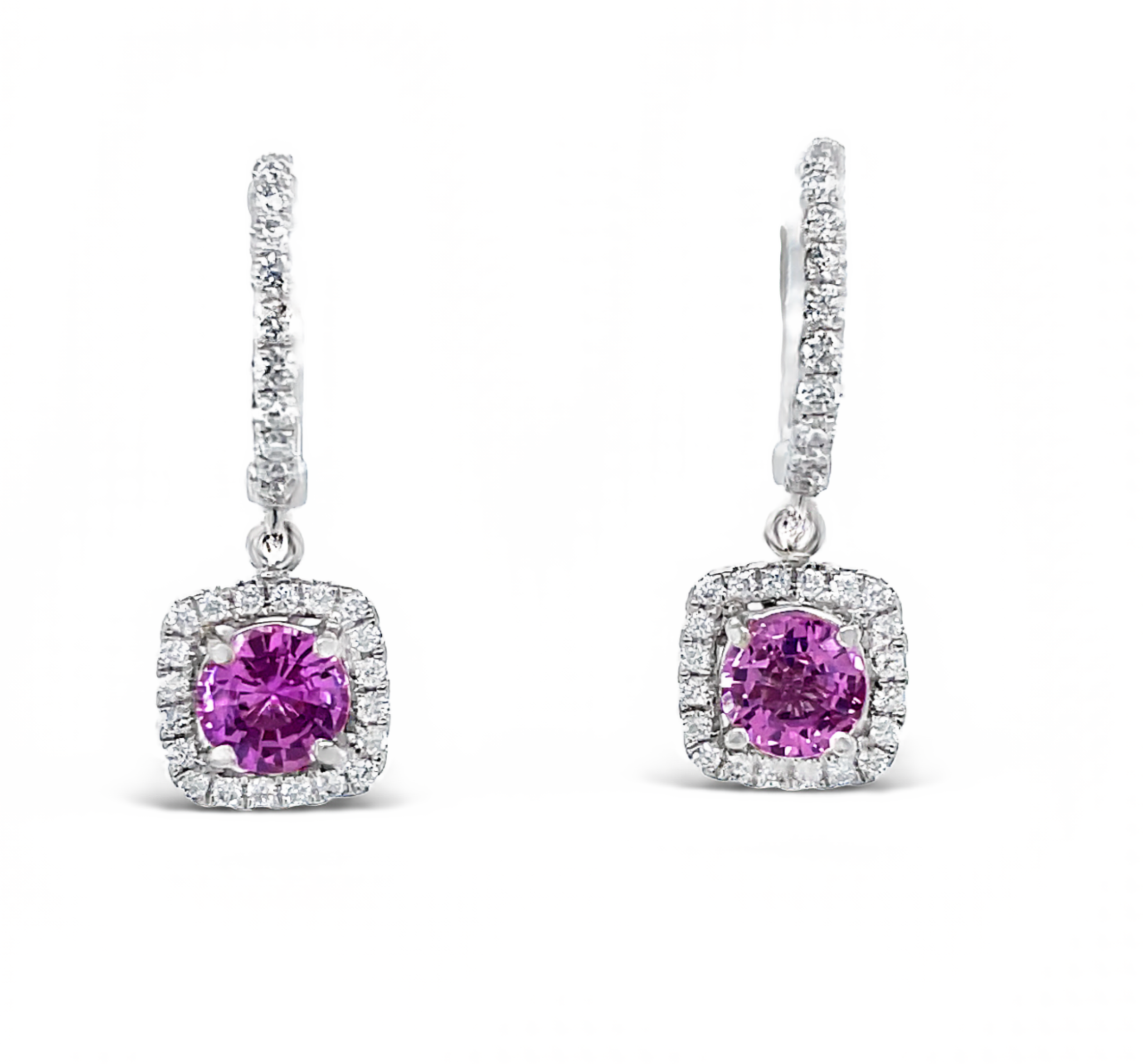18k white gold.  Secure huggie earrings  Round pink sapphires 0.80 cts  Round Diamonds 0.33 ct  21.00 mm length