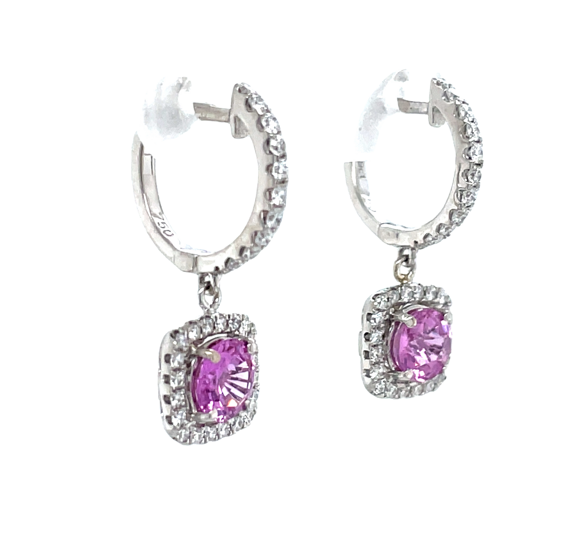 Pink Sapphire and Diamond Drop Huggie Earrings Side view 