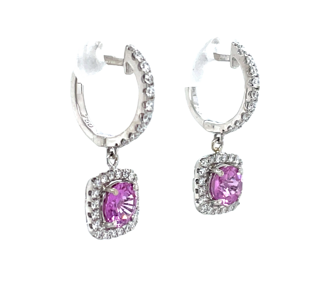 18k white gold.  Secure huggie earrings  Round pink sapphire 0.80 cts   Round Diamonds 0.33 ct  21.00 mm length