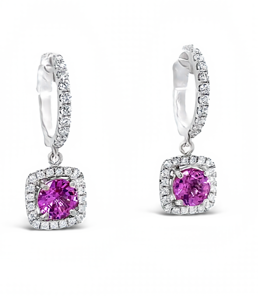 18k white gold.  Secure huggie earrings  Round pink sapphire 0.80 cts   Round Diamonds 0.33 ct  21.00 mm length